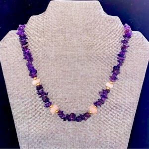 Vintage Handmade Simple Amethyst & Rose Quartz Necklace with 14kt Gold Findings